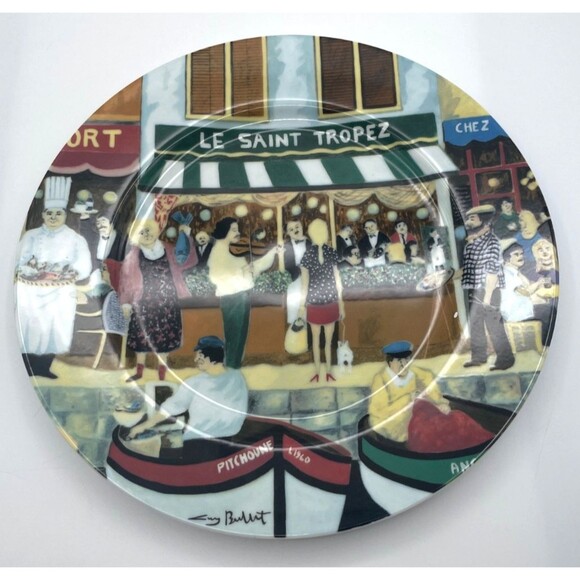 Complete Set of 6 GUY BUFFET Marche Aux Fleurs Dinner Plates French Cafe Scenes - Picture 7 of 14